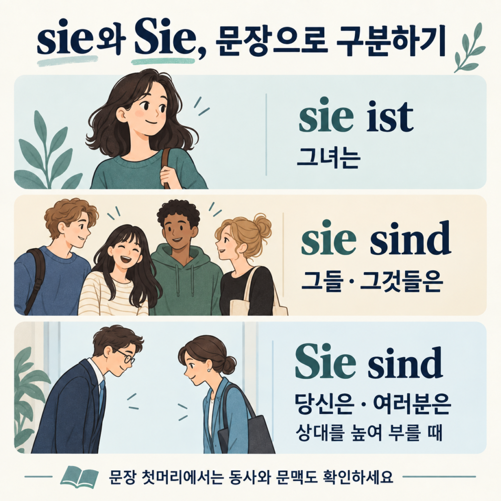 sie ist, sie sind, Sie sind를 여성 단수·복수·높임 표현으로 구분한 학습 인포그래픽