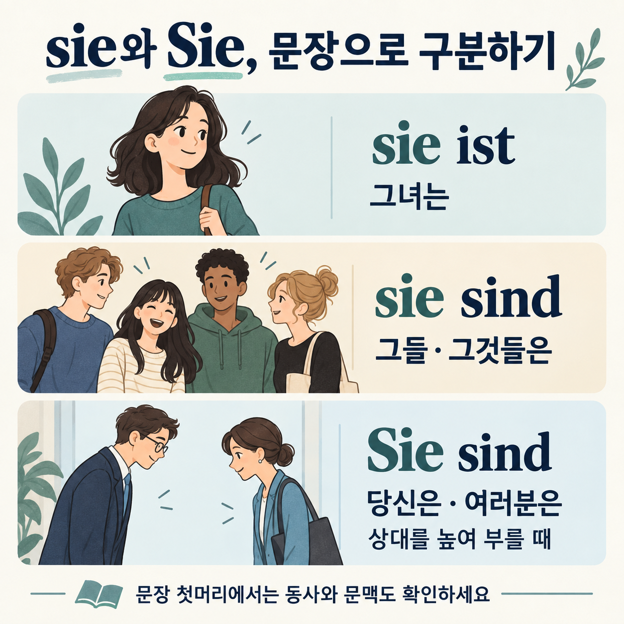 sie ist, sie sind, Sie sind를 여성 단수·복수·높임 표현으로 구분한 학습 인포그래픽