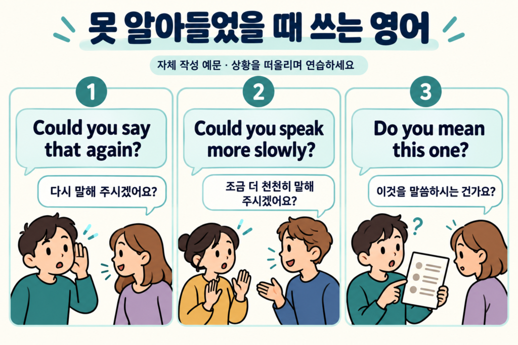 못 알아들었을 때 다시 말하기·천천히 말하기·대상 확인을 요청하는 영어 자체 예문 세 가지