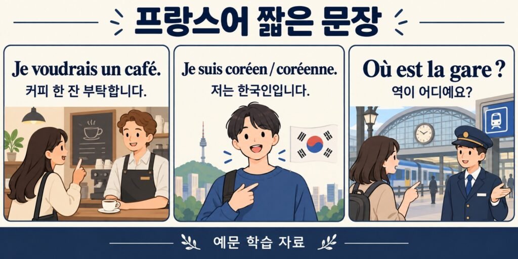 프랑스어 정중한 커피 주문, 한국인 자기소개, 역 위치 질문 예문