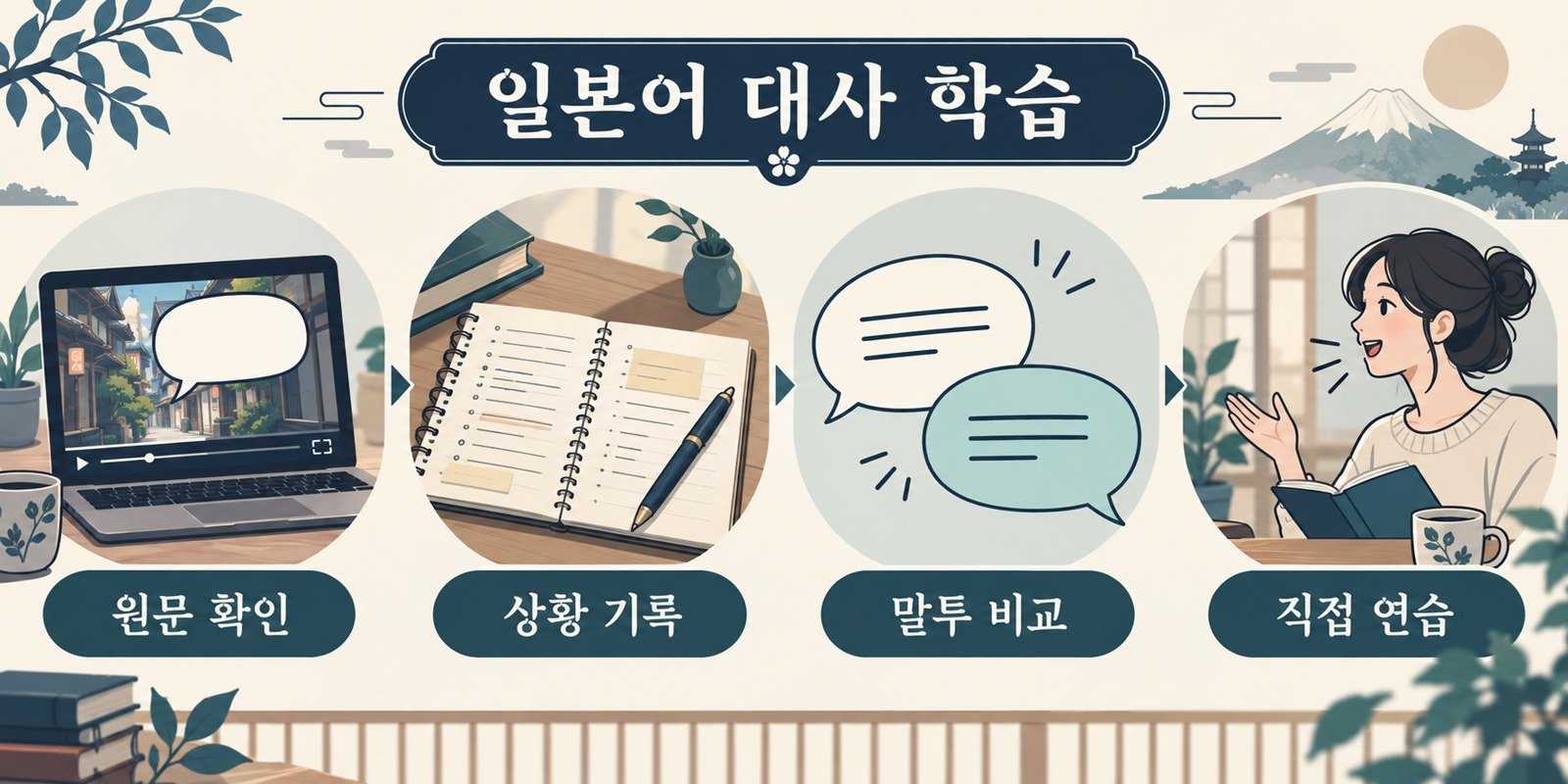 일본어 대사 학습: 원문 확인·상황 기록·말투 비교·직접 연습