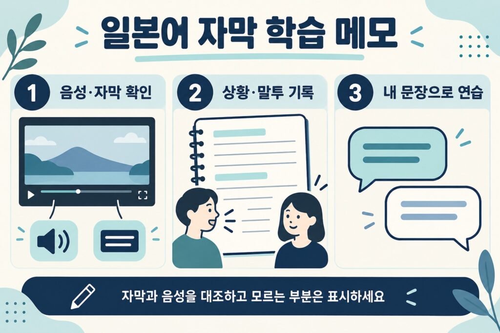 일본어 자막 학습: 음성·자막 확인, 상황·말투 기록, 내 문장 연습