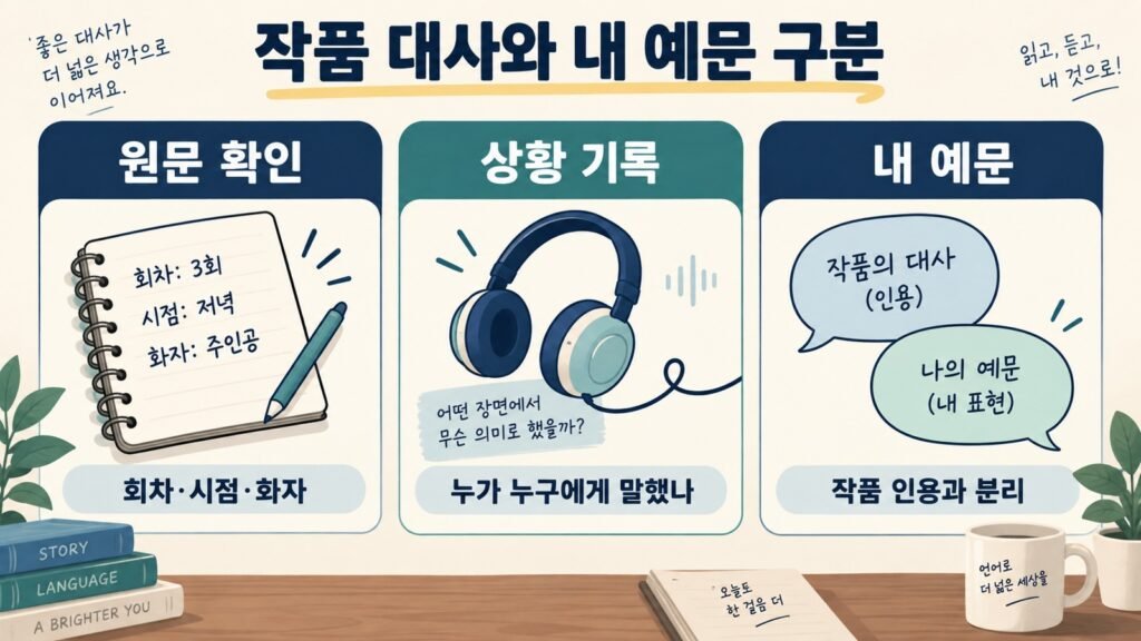 작품 대사와 자체 예문 구분: 원문 확인·상황 기록·내 예문