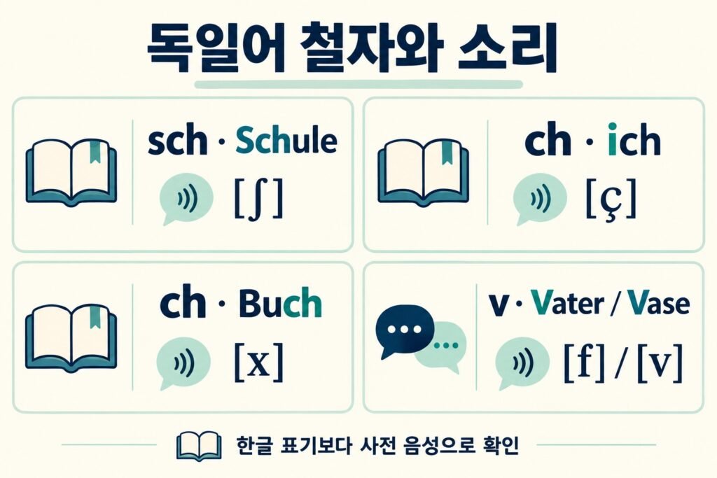 독일어 철자와 소리: sch Schule, ch ich와 Buch, v Vater와 Vase