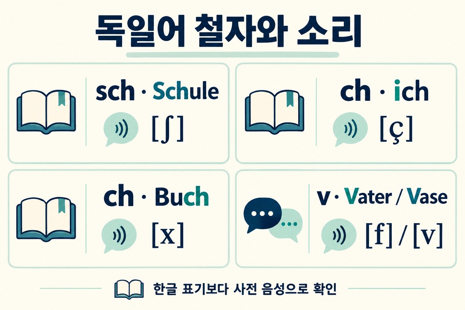독일어 철자와 소리: sch Schule, ch ich와 Buch, v Vater와 Vase