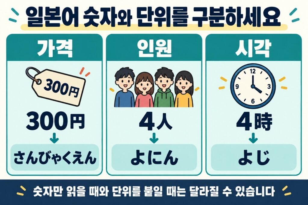 일본어 단위별 읽기: 300円 さんびゃくえん, 4人 よにん, 4時 よじ
