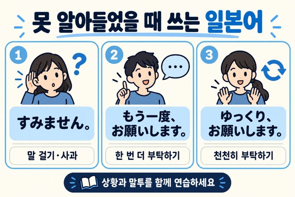 일본어 이해 확인: すみません, もう一度お願いします, ゆっくりお願いします