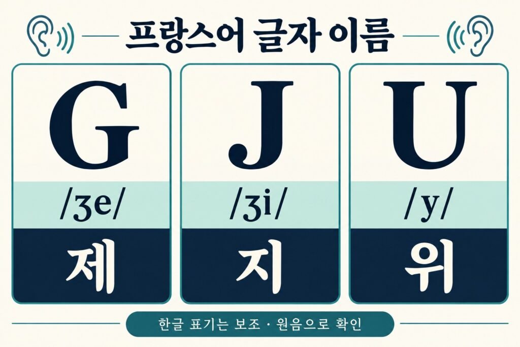 프랑스어 글자 이름 G /ʒe/ 제, J /ʒi/ 지, U /y/ 위; 한글 표기는 보조이며 원음으로 확인
