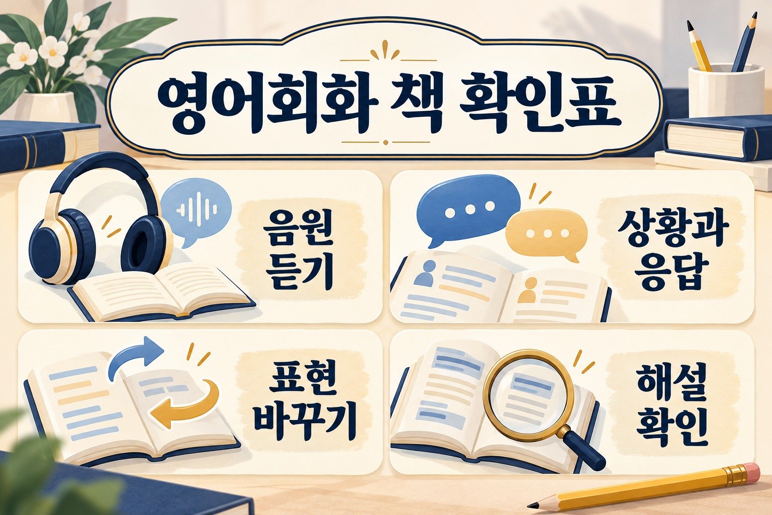 영어회화 책 확인표: 음원 듣기, 상황과 응답, 표현 바꾸기, 해설 확인