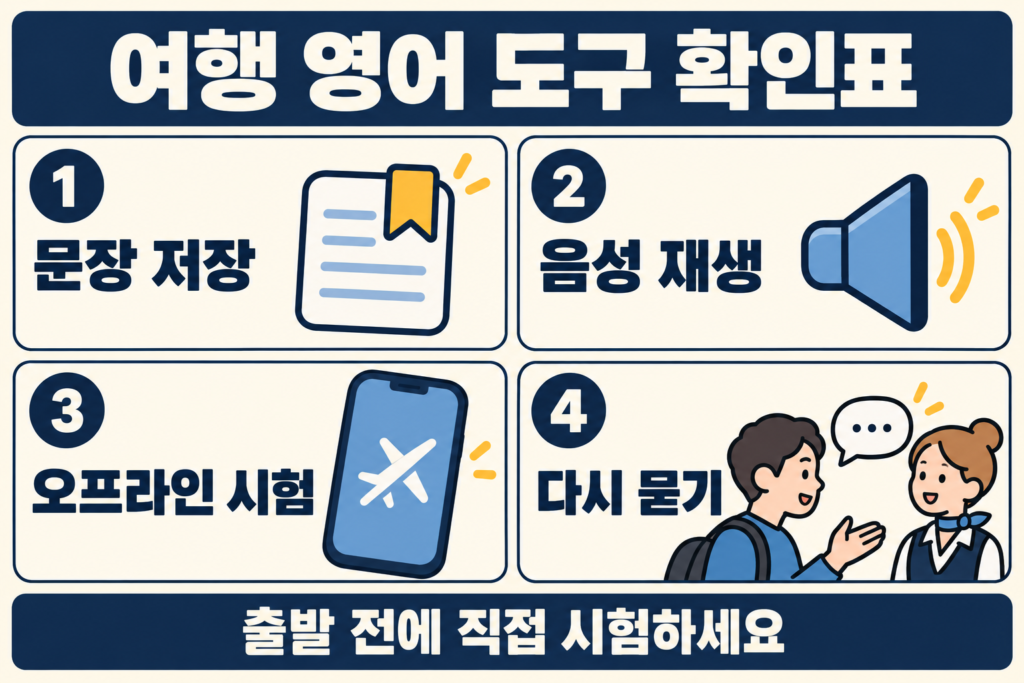 여행 영어 도구 확인표: 문장 저장, 음성 재생, 오프라인 시험, 다시 묻기. 출발 전에 직접 시험하세요.
